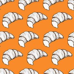 Hand drawn fresh baked croissant seamless pattern on orange background.