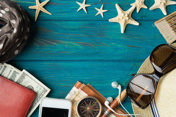 Travel accessories costumes. Passports, luggage, the cost of travel maps prepared for the trip.