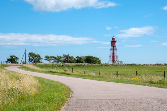 Kapelludden lighthouse on the east coast of Swedish Baltic sea island Oland. Oland is a popular tourist destination in Sweden.