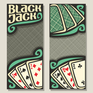 Vector Banners For Blackjack Gamble: Green Backs Playing Cards On Table Top View, Invite Ticket In Casino, Blackjack Win Card Combinations, Templates With Gray Background For Text On Black Jack Theme.
