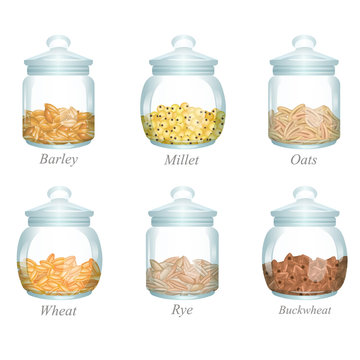 Six glass jars with cereals in them / There are barley, millet, oats, wheat, rye and buckwheat in the glass jars
