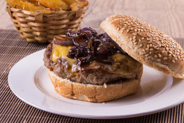 Burger with cheese and Caramelized onions