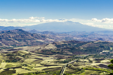 Geography of the Sicilian territory seen from the city of erice and with the volcano Etna as a...
