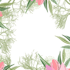 Retro style botanical illustration with flowers and leaves