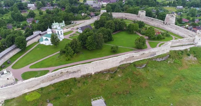 Ancient fortress Izborsk. Drone flight over old medieval stronghold in Izborsk.
