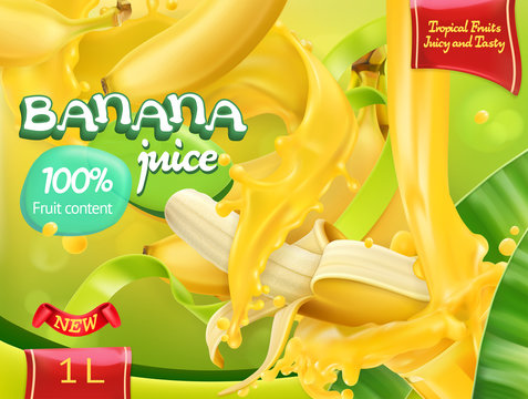 Banana juice. Sweet tropical fruits. 3d realistic vector, package design