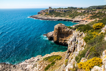 Watchtower near ionian sea (Uluzzo tower in Porto Selvaggio) Apulia, Salento, Italy