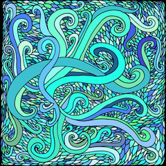 Bright, colorful doodle psychedelic background, waves and scales