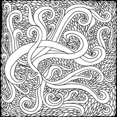 Black and white psychedelic background, waves and scales intertw