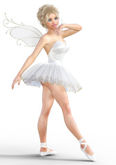 Naklejka premium 3D ballerina with wings. Forest Fairy. Butterfly. White ballet tutu. Blonde girl with blue eyes. Ballet dancer. Studio photography. High key. Conceptual fashion art. Render illustration.