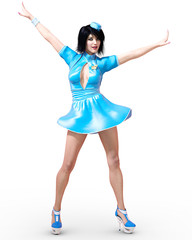 Naklejka premium High beautiful woman flirtatious stewardess. Short blue dress. Conceptual fashion art. Green eyes. Seductive candid pose. Photorealistic 3D render illustration. Studio, high key.