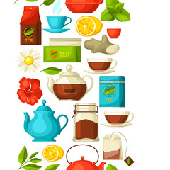 Seamless pattern with tea and accessories, packs and kettles