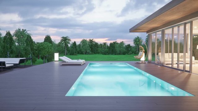 Modern Luxury House With Swimming Pool At Dawn