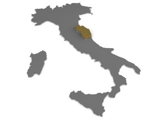 Italy 3d metallic map, whith marche region highlighted 3d render