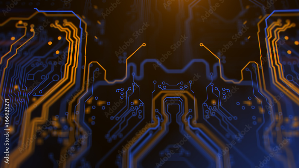 Poster orange, yellow, blue, background with digital integrated network technology. printed circuit board. 
