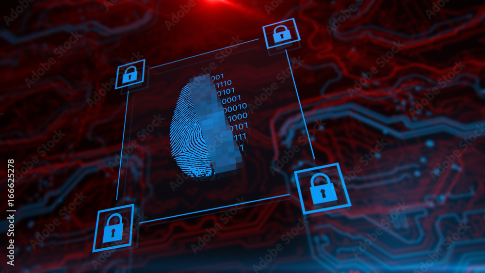 Poster cybersecurity and information technology. blue, red background with digital integrated network techn