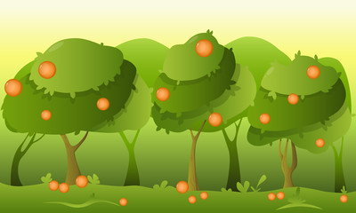 Orange garden. Summer landscape with green trees. Vector illustration