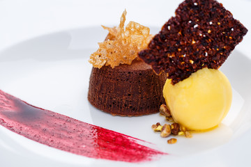 Chocolate fondant with lemon ice cream and raspberry sauce