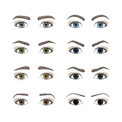 Set female eyes. olored iris eyes. Different forms eyebrows. Hand drawing. Vector illustration.