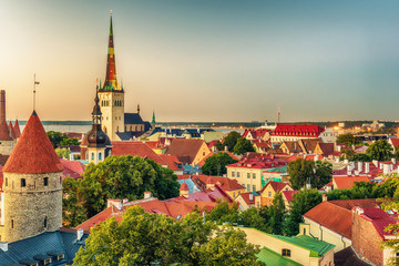 Tallinn, Estonia: aerial top view of the old town at sunset
