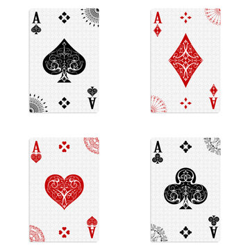 Set of four aces of a deck of cards for playing poker and casino on a white background in vintage style. spades, diamonds, clubs and hearts.
