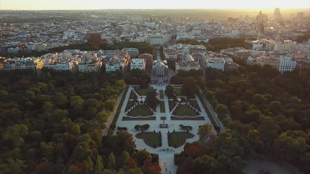flight drones over the famous Park of the Retiro of Madrid and the Prado Museum