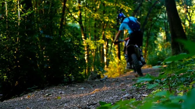 Motocross racer riding in green forest in the mountain, slow motion