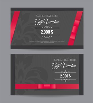 Gift Voucher template with floral pattern and red bow/ ribbons. Design usable for gift coupon, voucher, invitation, certificate, diploma, ticket etc. Vector illustration