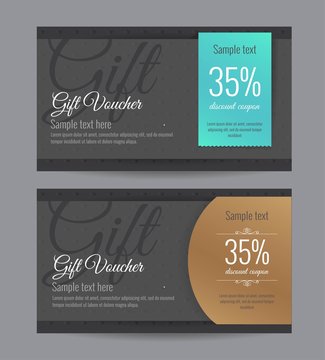 Set of black gift vouchers in elegant style. Design usable for gift coupon, voucher, invitation, certificate, diploma, ticket etc. Vector illustration