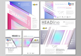 Social media posts set. Abstract design business templates, vector layouts in popular formats. Hologram, background in pastel colors, holographic effect. Blurred colorful pattern, futuristic texture