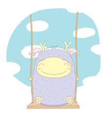 Hand drawn vector illustration of a cute smiling little monster, sitting on a swing, with blue sky and white clouds in the background.