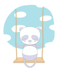 Hand drawn vector illustration of a cute smiling panda, sitting on a swing, with blue sky and white clouds in the background.