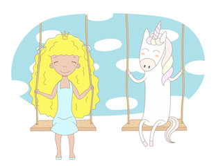 Hand drawn vector illustration of a cute little princess (crown can be removed) and unicorn, sitting on a swing, with sky and white clouds in the background.