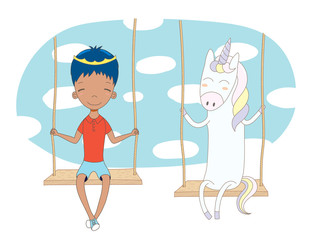 Hand drawn vector illustration of a cute little prince (crown can be removed) and unicorn, sitting on a swing, with sky and white clouds in the background.