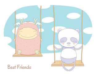 Hand drawn vector illustration of a cute smiling monster and panda, sitting on a swing, with blue sky and white clouds in the background, text Best friends.