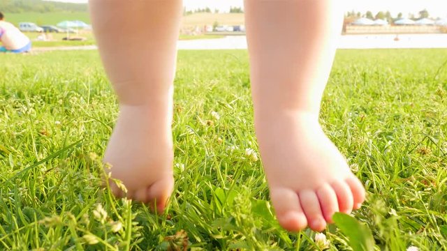 small baby's cute feet on the summer green grass. 4k video