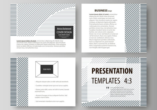 Business templates for presentation slides. Easy editable abstract vector layouts in flat design. Minimalistic background with lines. Gray color geometric shapes forming simple beautiful pattern.