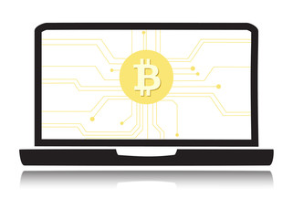 Virtual currency bitcoin showed on laptop screen.