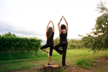 Mutter und Tochter beim Yoga in der Natur