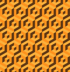 Abstract 3D background of isometric hexagonal shapes. Golden vector seamless pattern design.