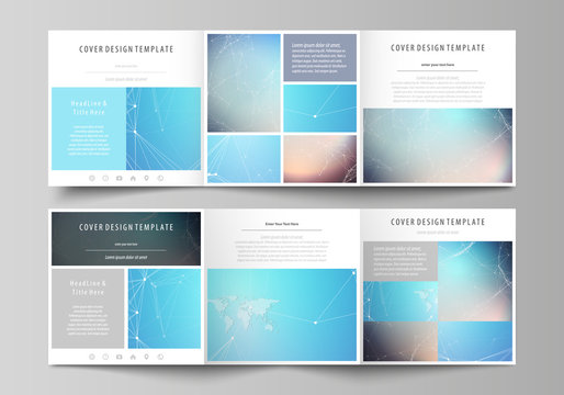 The abstract minimalistic vector illustration of the editable layout. Two creative covers design templates for square brochure. Molecule structure. Science, technology concept. Polygonal design.