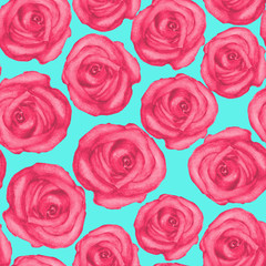 Watercolor seamless pattern with red roses on turquoise
