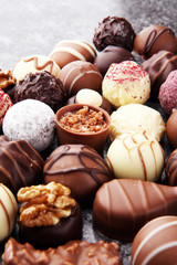 a lot of variety chocolate pralines, belgian confectionery gourm
