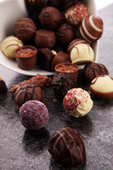 a lot of variety chocolate pralines, belgian confectionery gourm