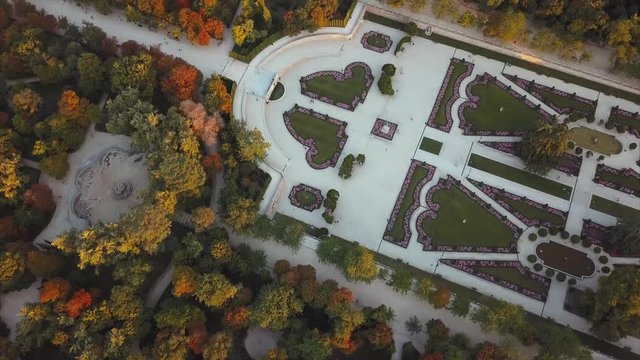 flight drones over the famous Park of the Retiro of Madrid and the Prado Museum