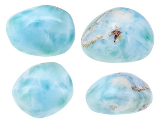 set of natural tumbled Larimar gem stone isolated