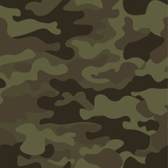 Camouflage seamless pattern background. Classic clothing style masking camo repeat print. Green brown black olive colors forest texture. Design element. Vector illustration.