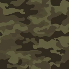 Behang Camouflage naadloze patroon achtergrond. Klassieke camouflageprint in kledingstijl. Groen bruin zwart olijf kleuren bos textuur. Ontwerpelement. Vector illustratie. © lupascoroman