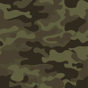 Camouflage seamless pattern background. Classic clothing style masking camo repeat print. Green brown black olive colors forest texture. Design element. Vector illustration.