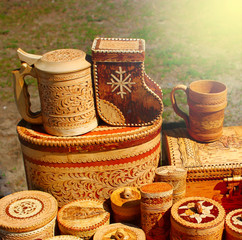 Handmade products made of birch bark. Ecological dishes made of wood Souvenirs.